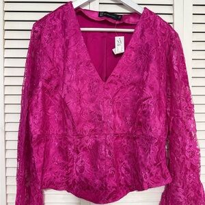 New York & Company Vibrant Pink Lace Blouse